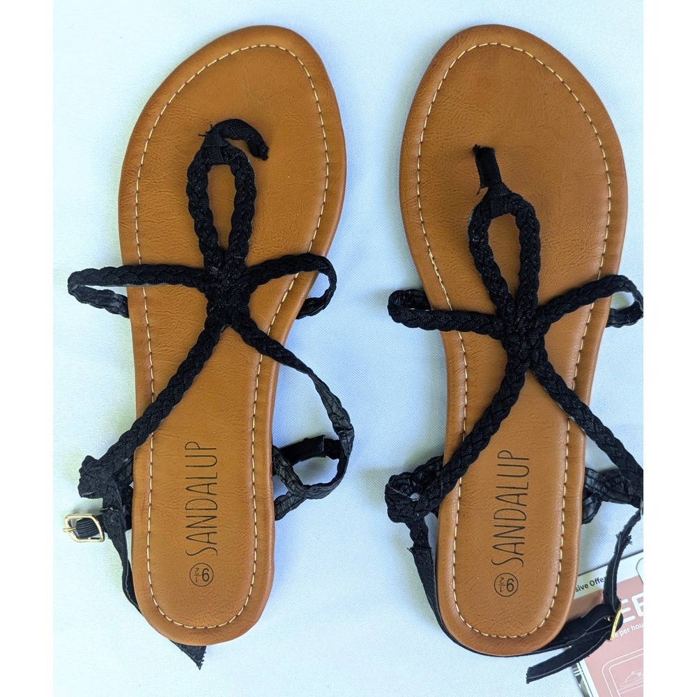 NWT SandalUp Black & Tan flat sandals buckle closure sz 9.5